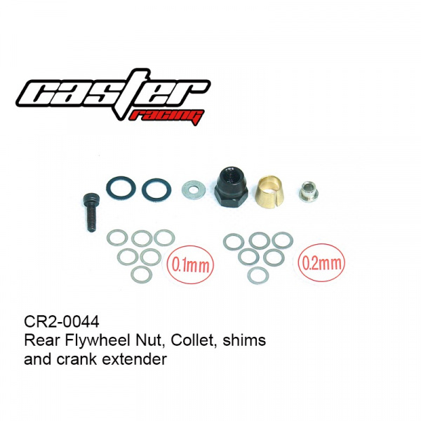 CR2-0044 Rear Flywheel Nut, Collet, shims and crank extender